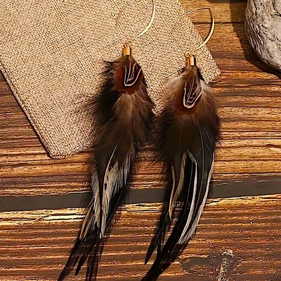 Bohemian Handmade Feather Dangle Earrings, Tribal Design, Western, Boho,… - Picture 3 of 3